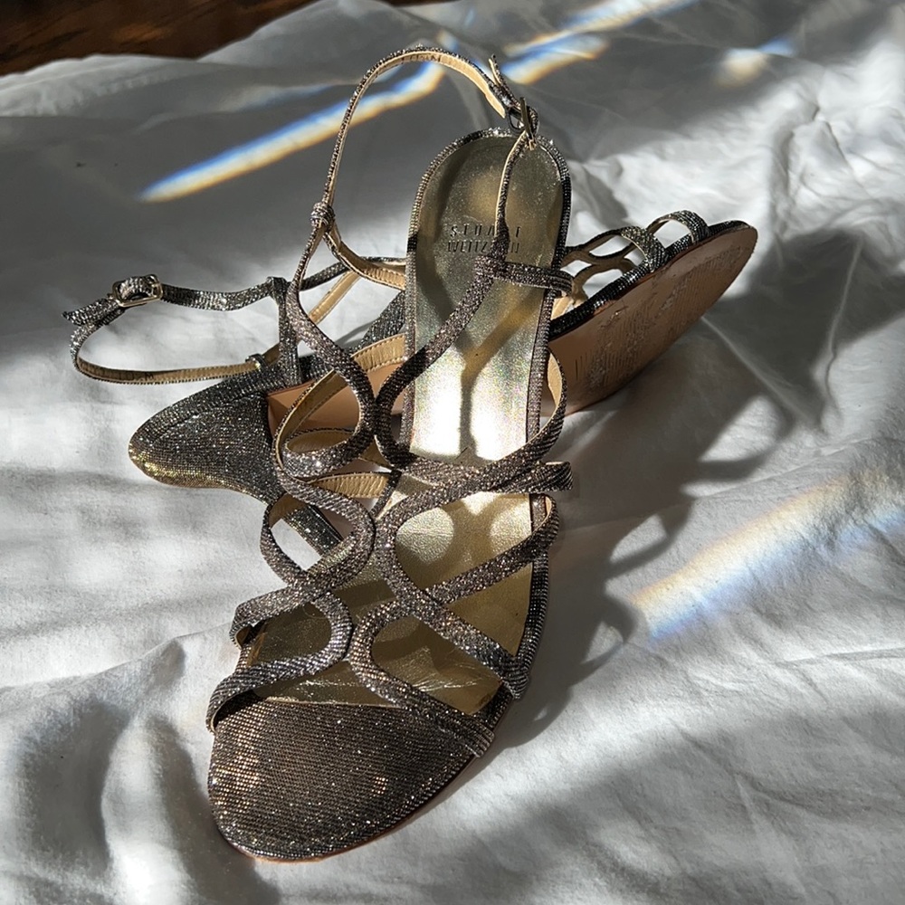 Stuart Weitzman- metallic pyrite. Turning Up mid heel. Evening sandals size 10.5